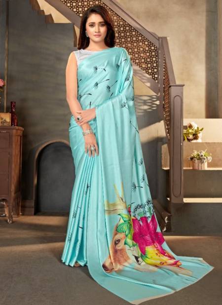 Sky Blue Colour Maira Monjolika New Latest Party Wear Satin Crepe Saree Collection 4303